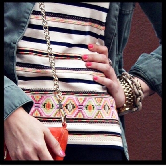 J.Crew neon stitchwork striped top size small - Picture 3 of 8